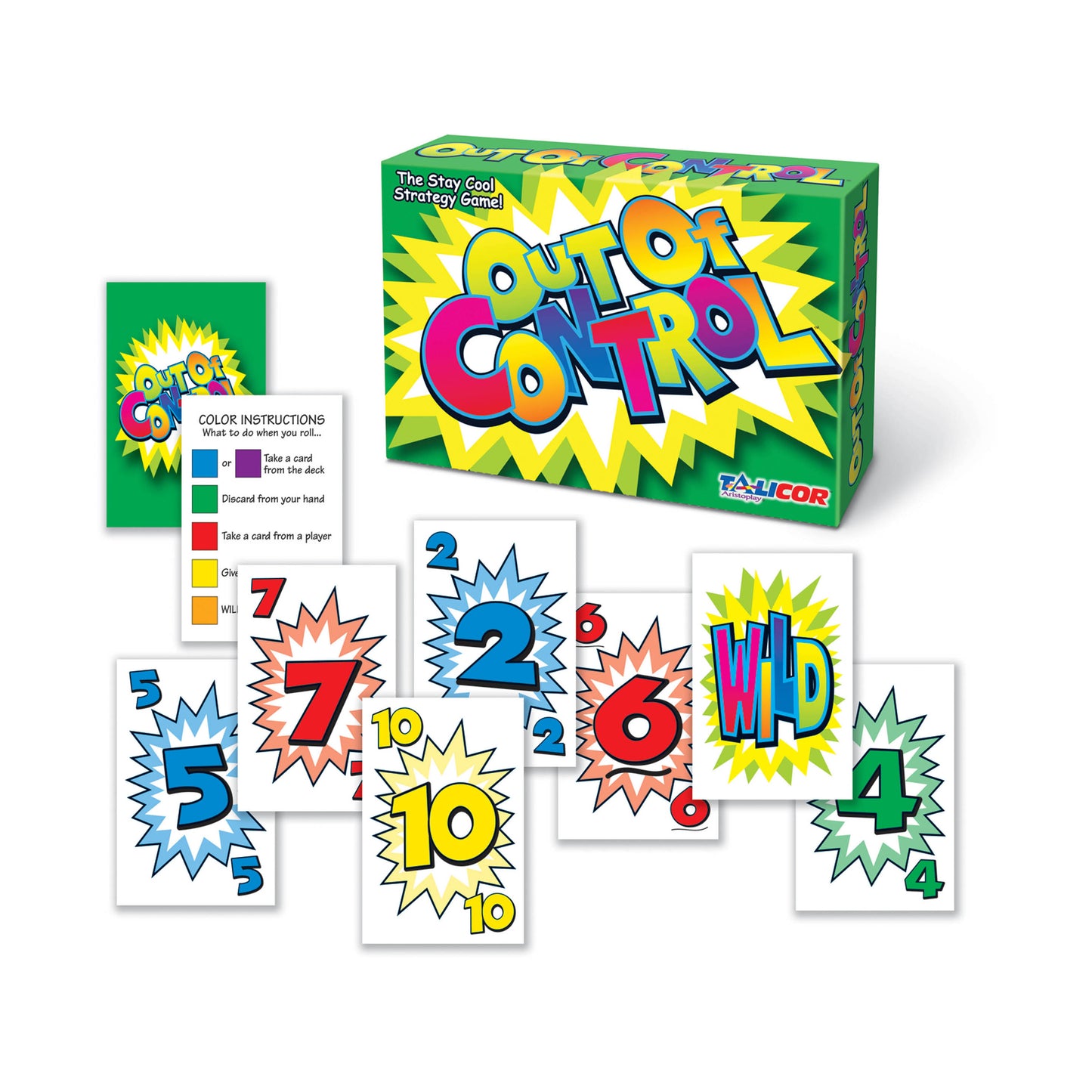 Out of Control card game box and sample game cards with numbered burst designs and color-coded instruction cards