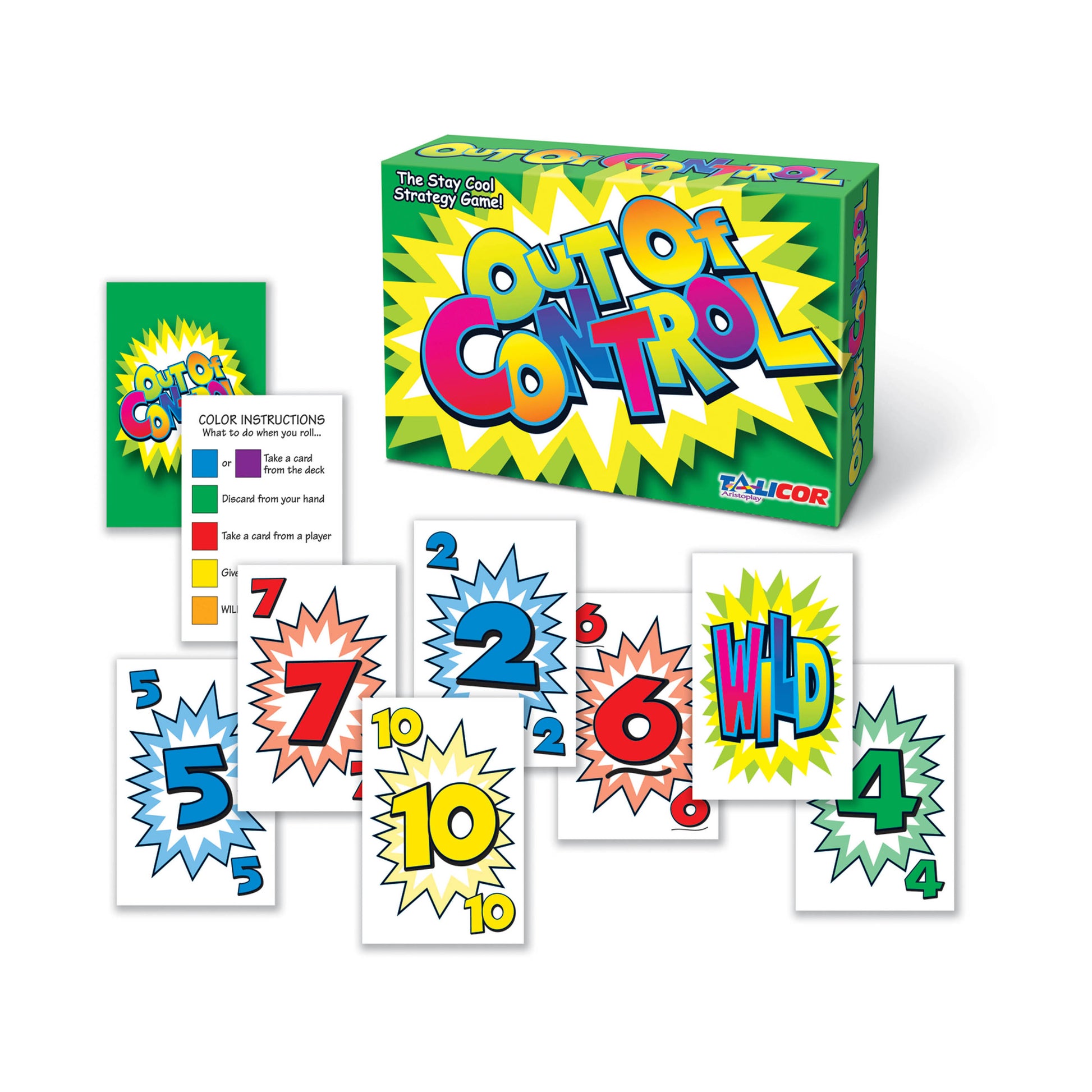 Out of Control card game box and sample game cards with numbered burst designs and color-coded instruction cards