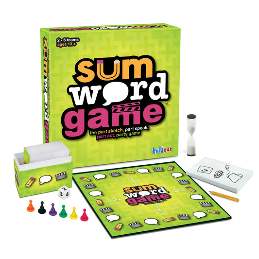 Sum Word Game board game box and contents displayed on plain background, including game board, colored player pieces, dice, sand timer, sketch pad, pencil, and