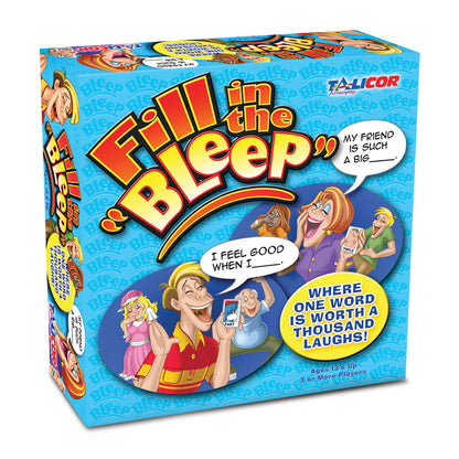 Fill in the Bleep card game box featuring colorful illustrated characters with speech bubbles, blue background, ages 13 and up, 3 or more players