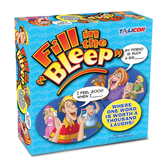 Fill in the Bleep card game box featuring colorful illustrated characters with speech bubbles, blue background, ages 13 and up, 3 or more players