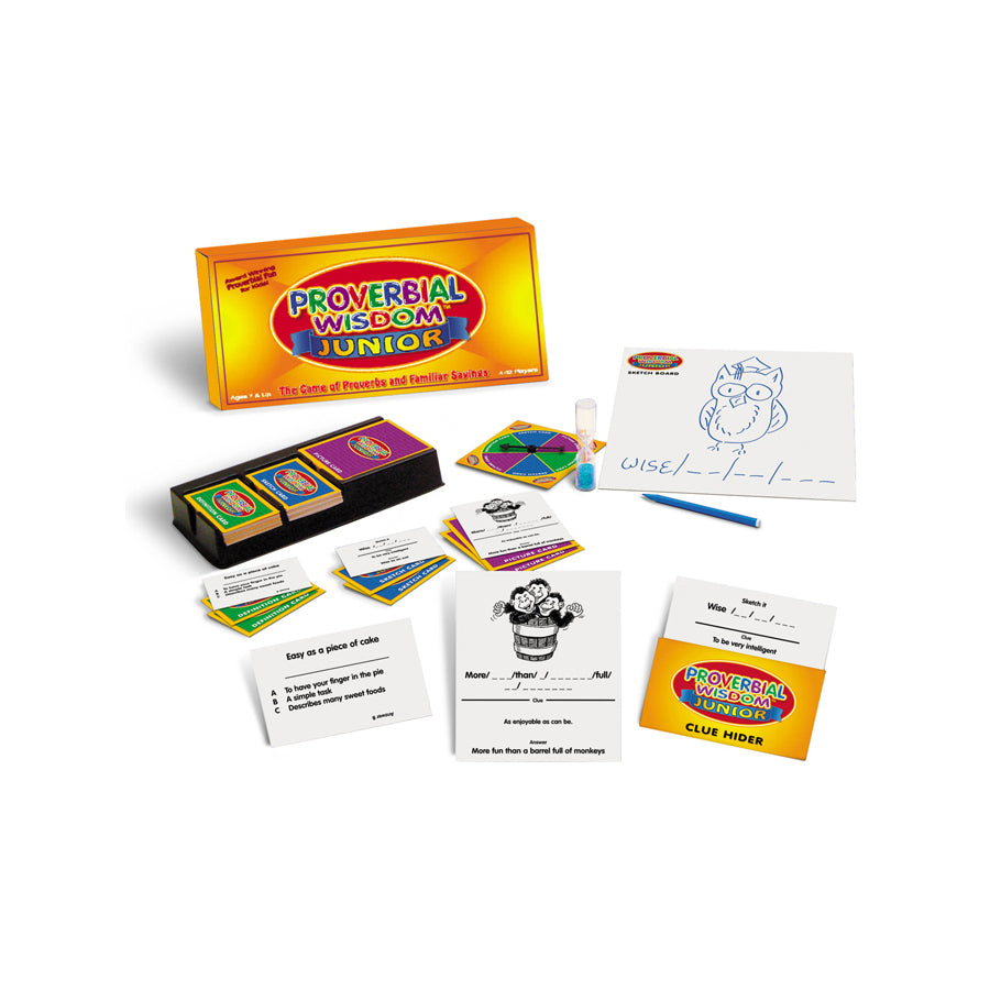 Proverbial Wisdom Junior board game box and contents displayed on white background, including game cards, spinner wheel, instruction cards, and blue pen