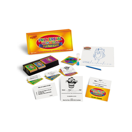 Proverbial Wisdom Junior board game box and contents displayed on white background, including game cards, spinner wheel, instruction cards, and blue pen