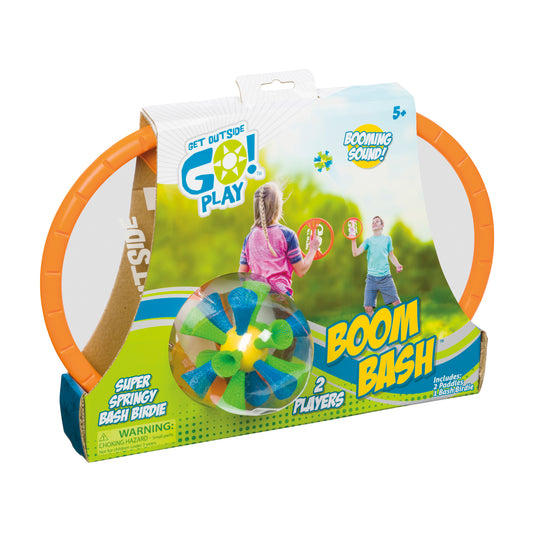 Boom Bash outdoor paddle game with orange handles, colorful bash birdie ball, and packaging showing children playing with paddles on grass