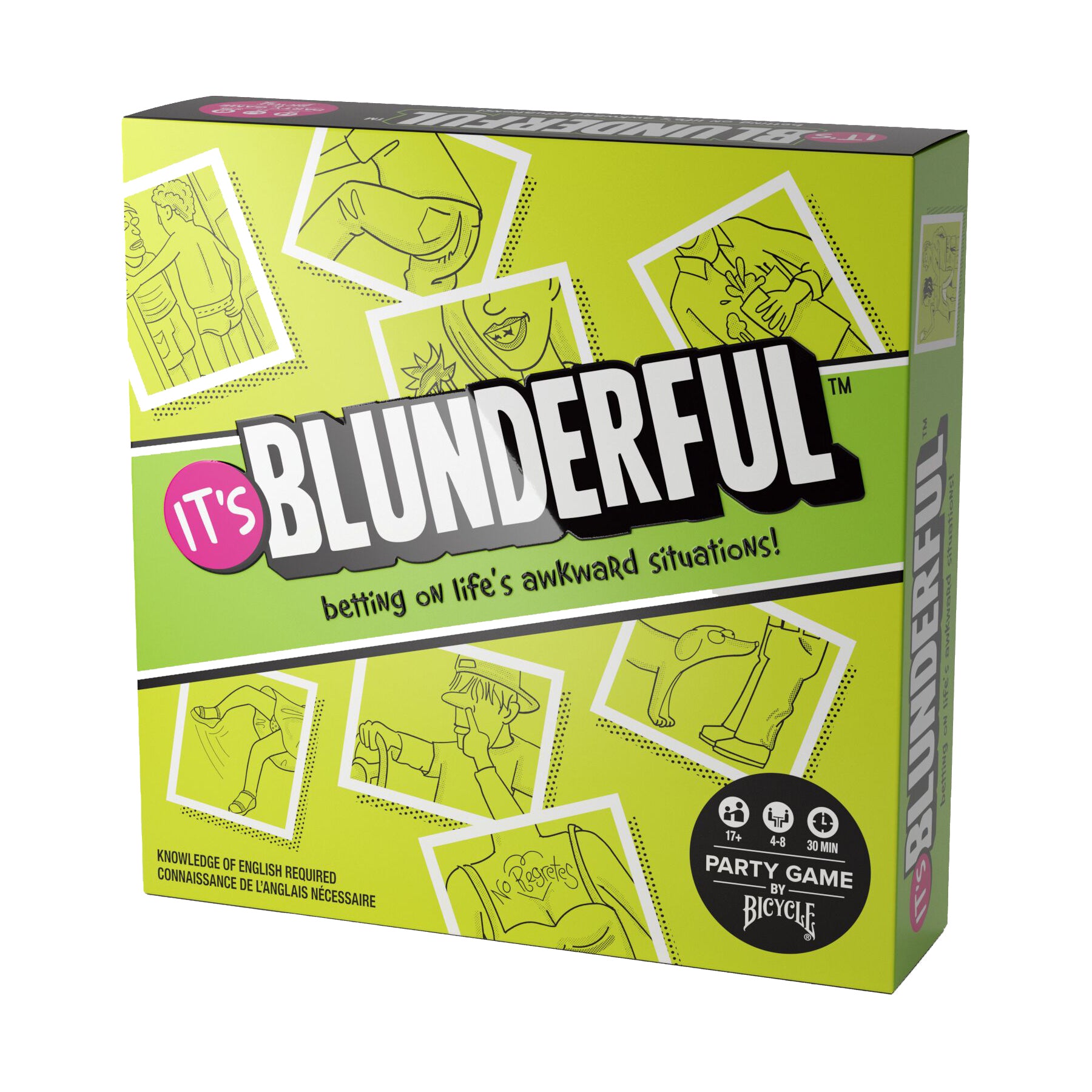 It's Blunderful party game box with bright lime-green packaging featuring cartoon line drawings of awkward situations and bold white title text