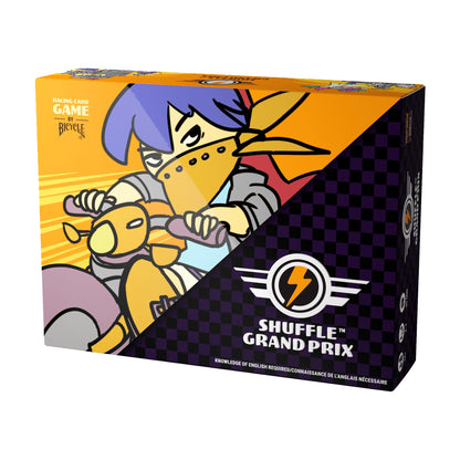 Shuffle Grand Prix racing card game box by Bicycle, featuring cartoon pilot character in yellow aircraft on orange and purple checkered background