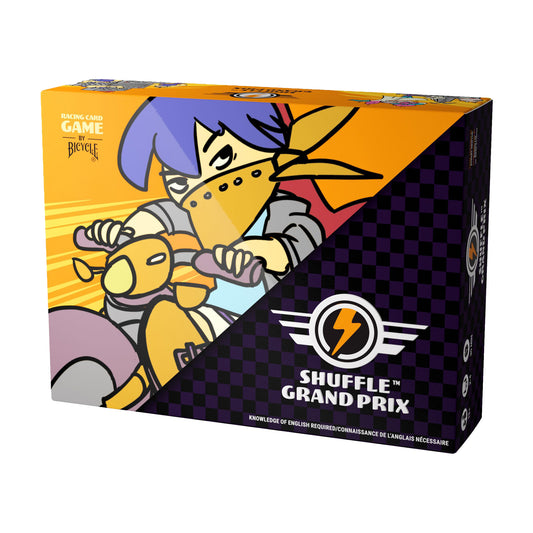 Shuffle Grand Prix racing card game box by Bicycle, featuring cartoon pilot character in yellow aircraft on orange and purple checkered background