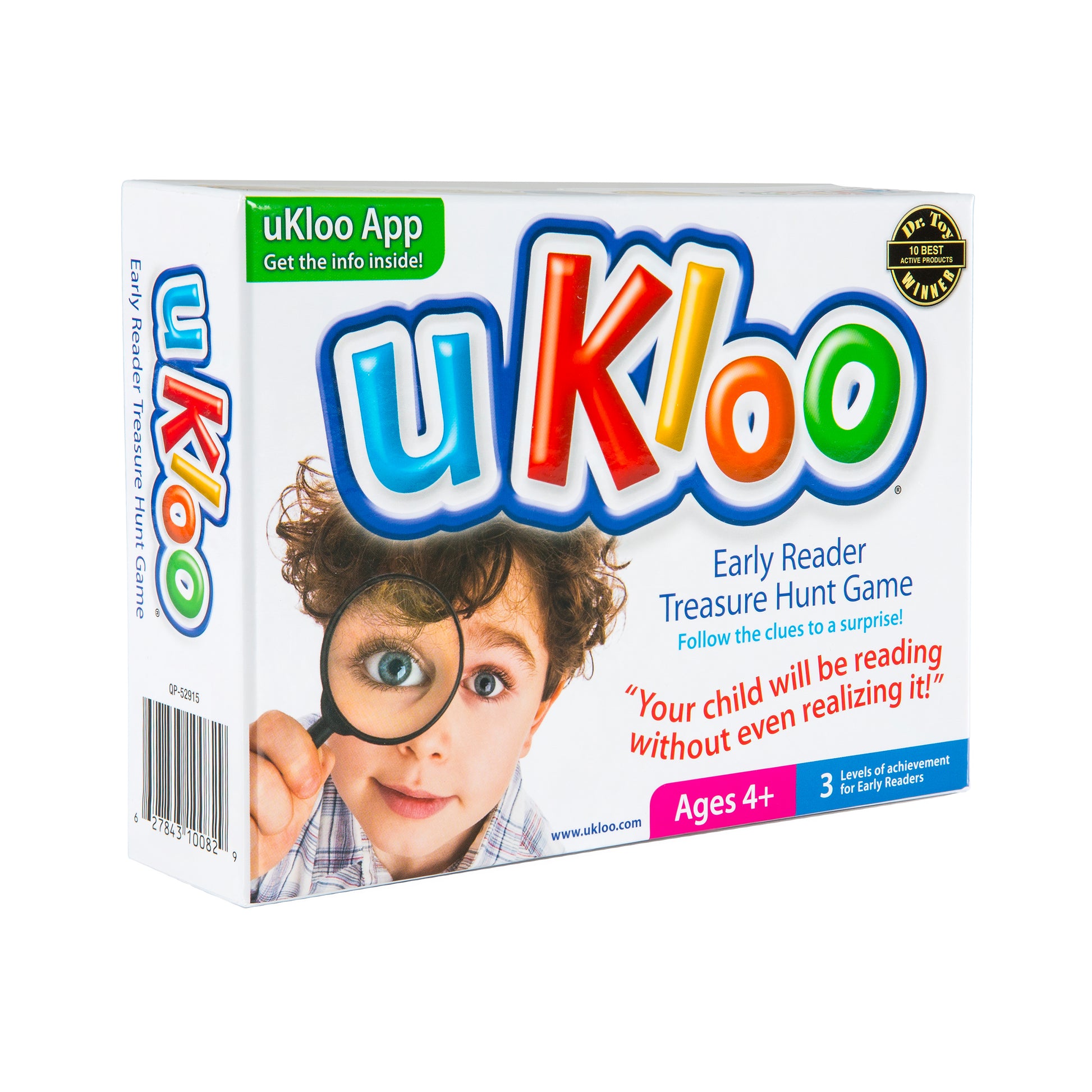 uKloo Early Reader Treasure Hunt Game box featuring colorful logo and child with magnifying glass, ages 4+