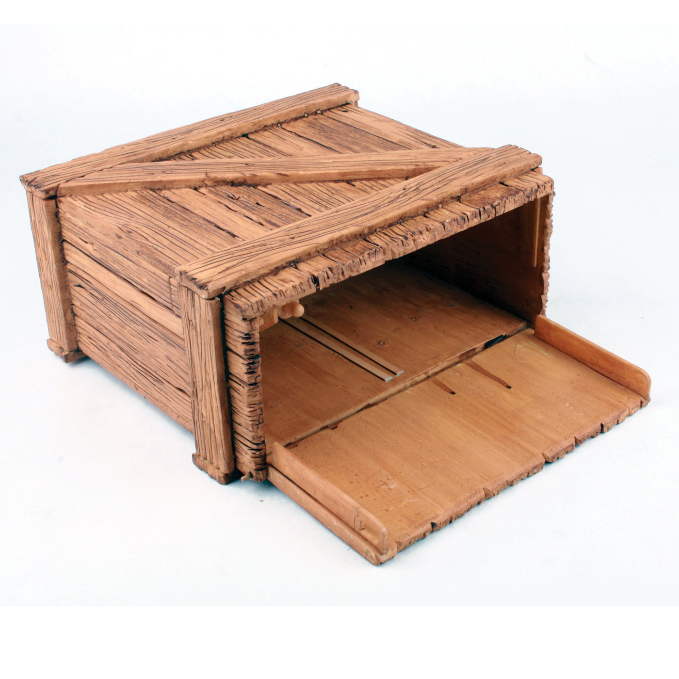 Wooden crate with hinged roof and open front door, designed to look like a spooky creature habitat