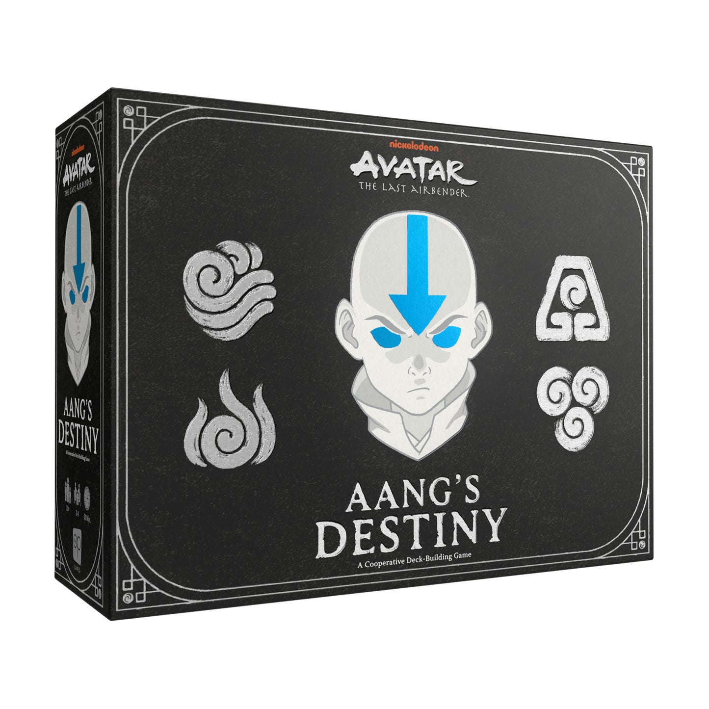 Avatar: The Last Airbender Aang's Destiny cooperative deck-building game box featuring Aang's face with blue arrow marking and water tribe symbols on black back