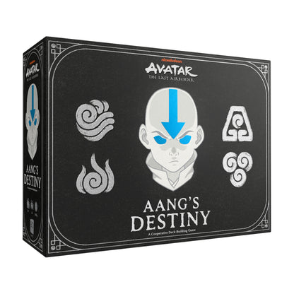 Avatar: The Last Airbender Aang's Destiny cooperative deck-building game box featuring Aang's face with blue arrow marking and water tribe symbols on black back