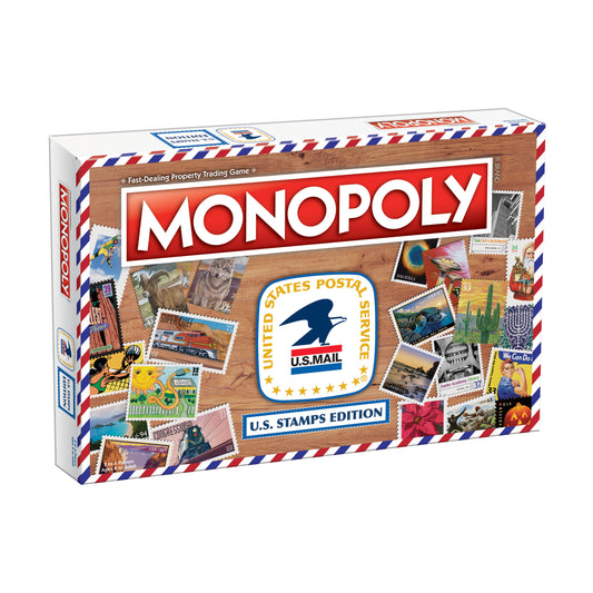 Monopoly U.S. Stamps Edition board game box featuring airmail design with postage stamps and historical U.S. imagery on wooden background