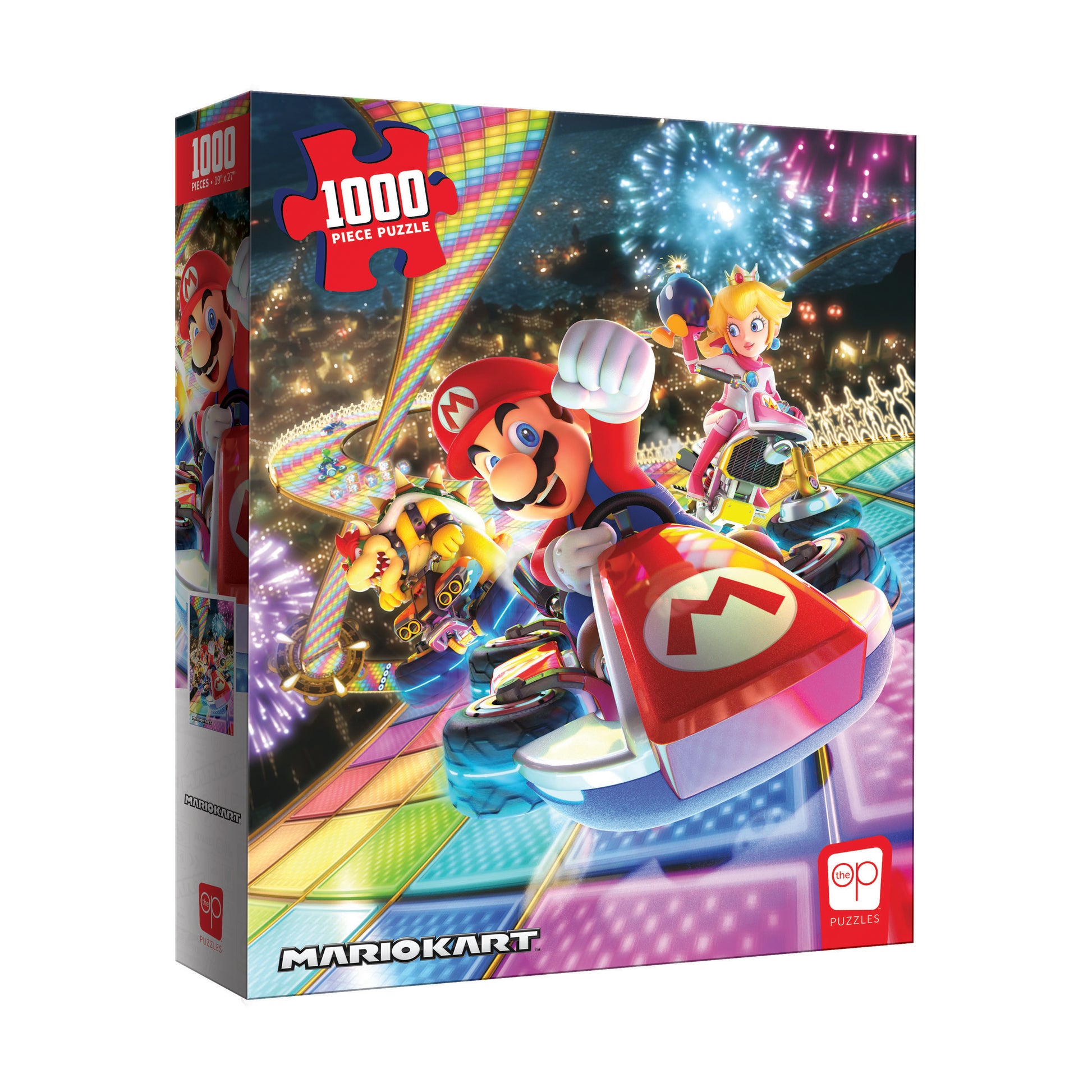 Mario Kart Rainbow Road 1000-piece jigsaw puzzle box featuring Mario in a red kart racing on a colorful neon track with Princess Peach and other characters
