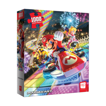 Mario Kart Rainbow Road 1000-piece jigsaw puzzle box featuring Mario in a red kart racing on a colorful neon track with Princess Peach and other characters