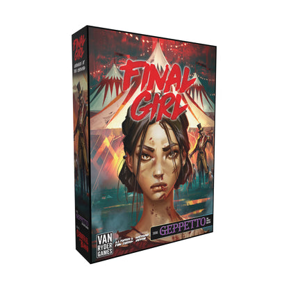 Final Girl: Feature Film Box - Carnage at the Carnival Expansion game box featuring illustrated character with dark hair against carnival tent backdrop