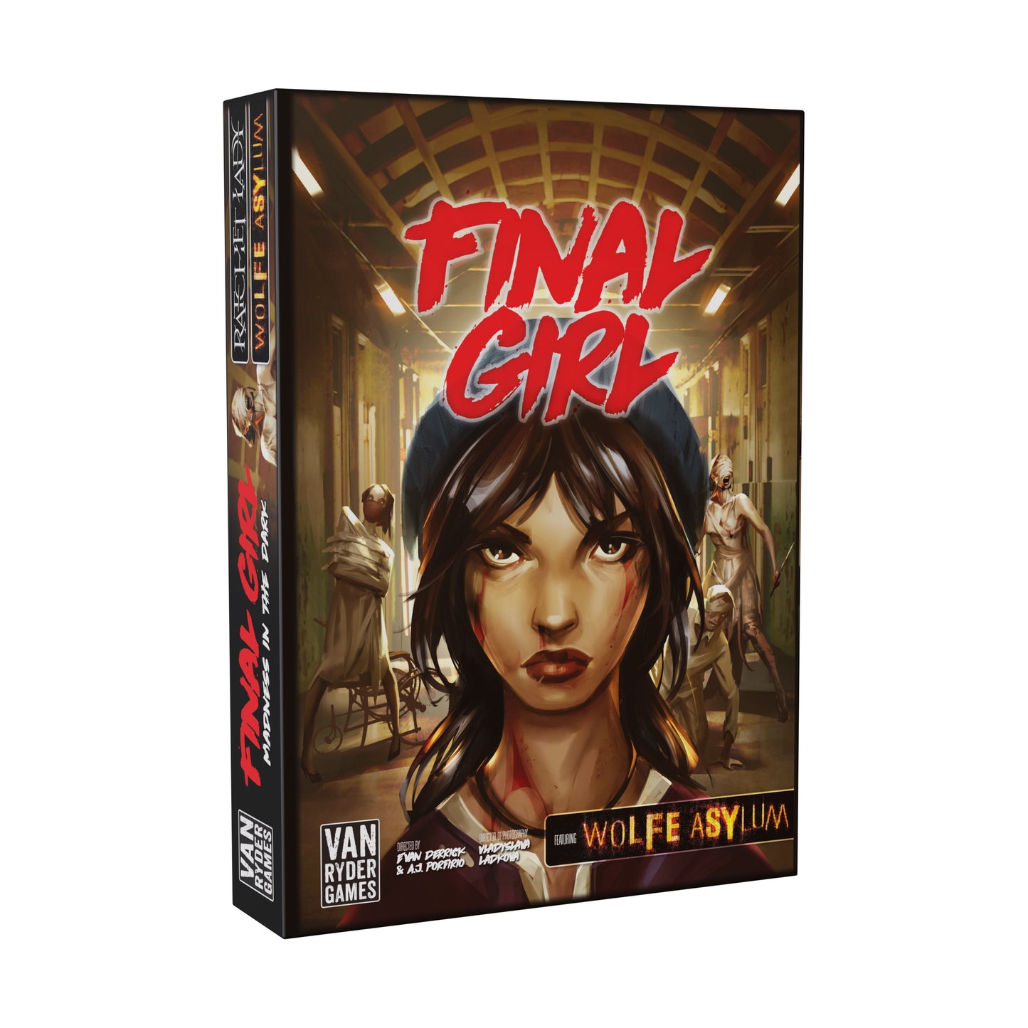 Final Girl: Madness in the Dark board game box featuring artwork of a woman in a hallway