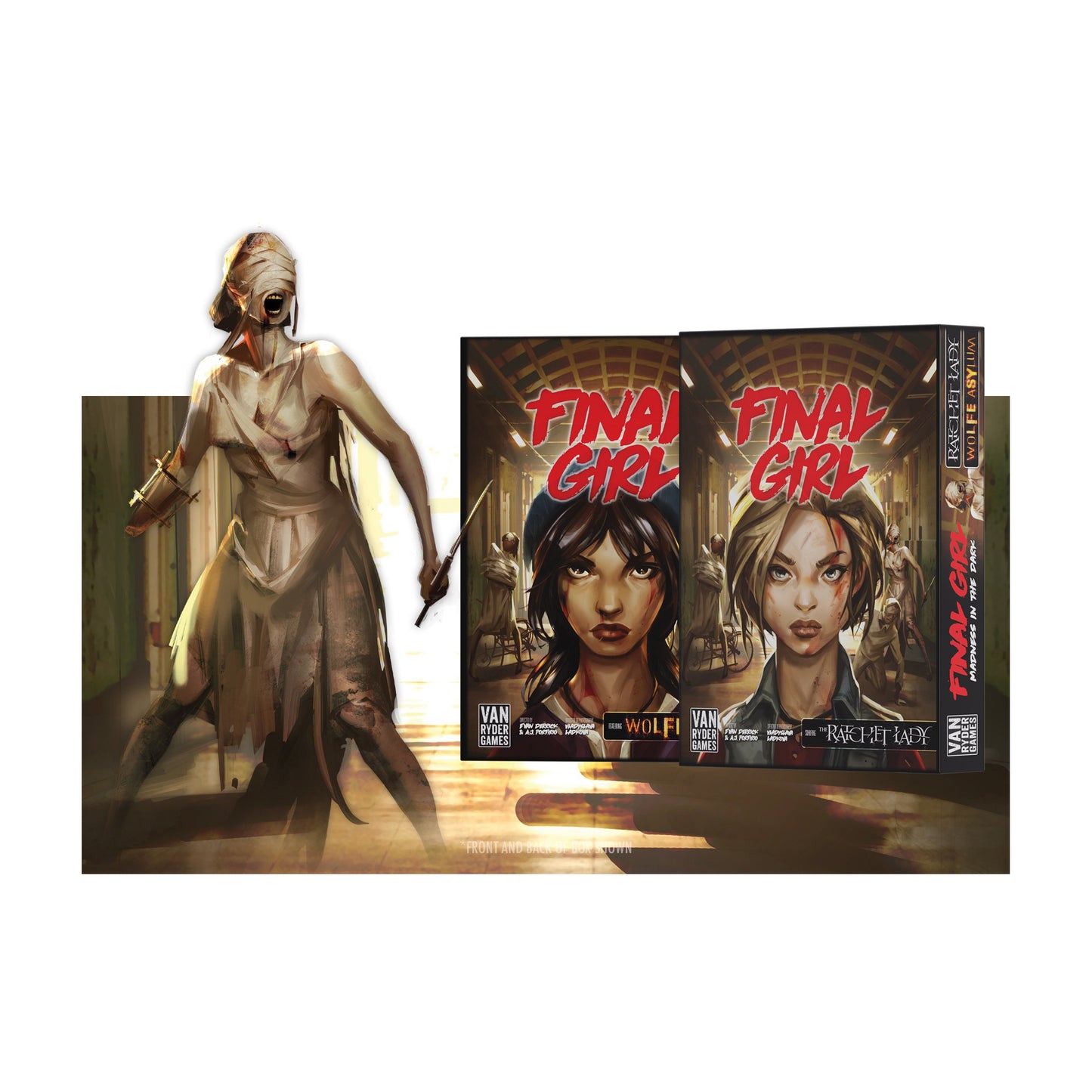 Final Girl Madness in the Dark board game box with game components and artwork