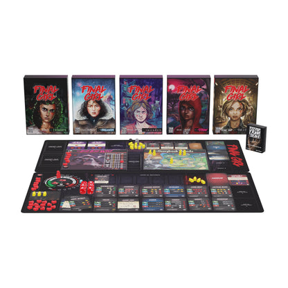 Final Girl Madness in the Dark board game with five character boxes, game board, tokens, and cards