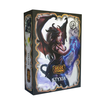 Siege Storm Styxia Faction Deck card game box featuring dark-haired character with horns and magical blue energy against ornate gold-bordered frame