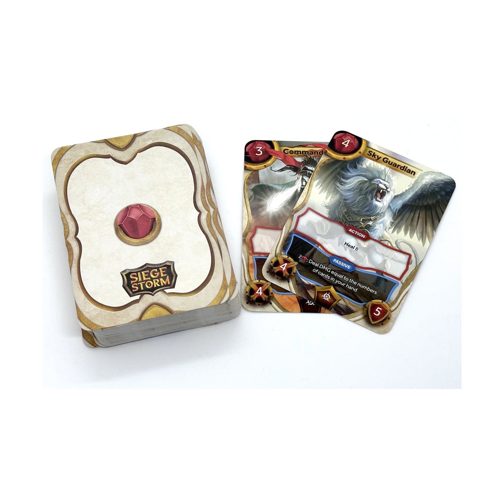 SiegeStorm Seraphia Faction Deck Expansion card game with deck box and sample cards featuring sky guardian character