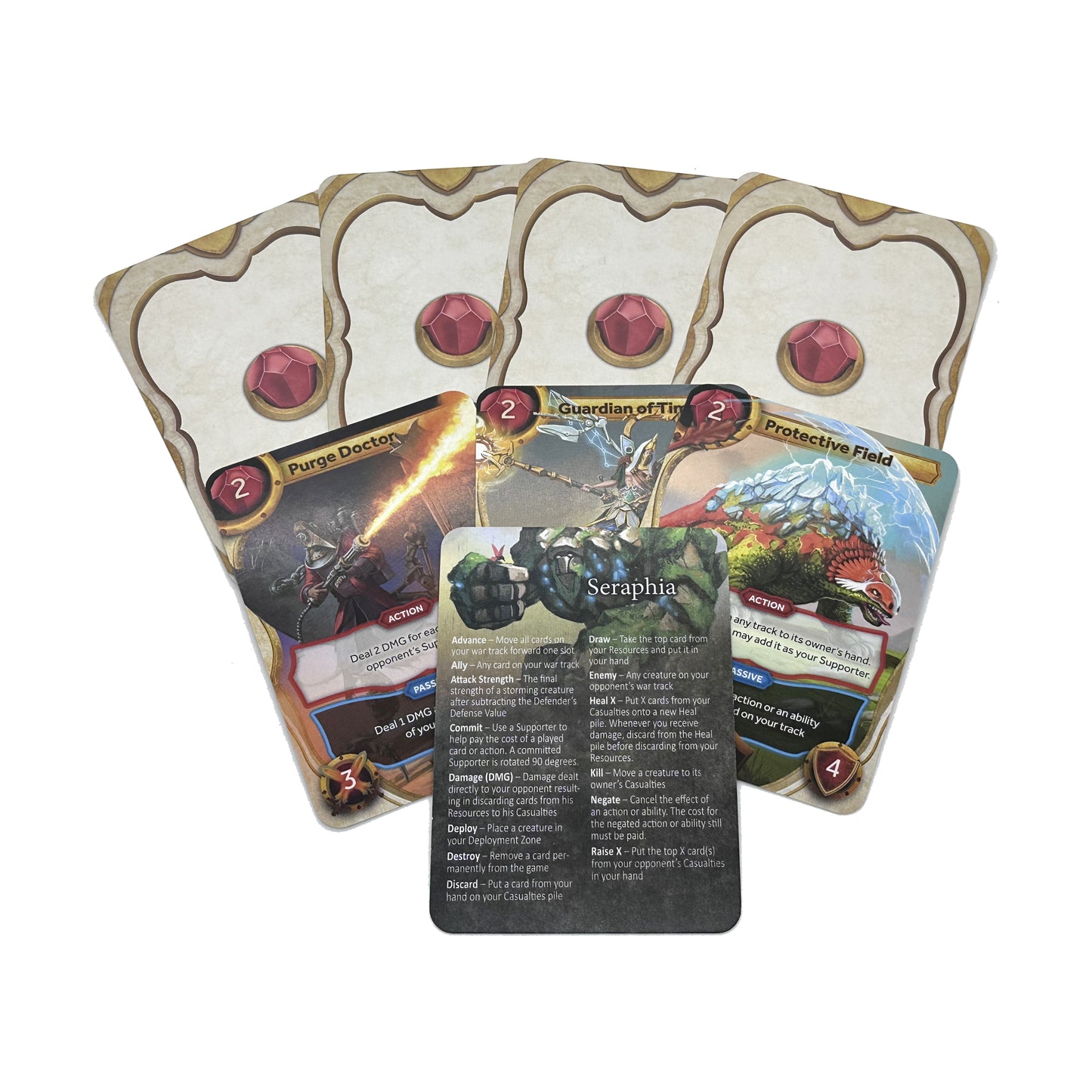 SiegeStorm Seraphia Faction Deck Expansion card game set with ornate cards featuring red gems and fantasy artwork