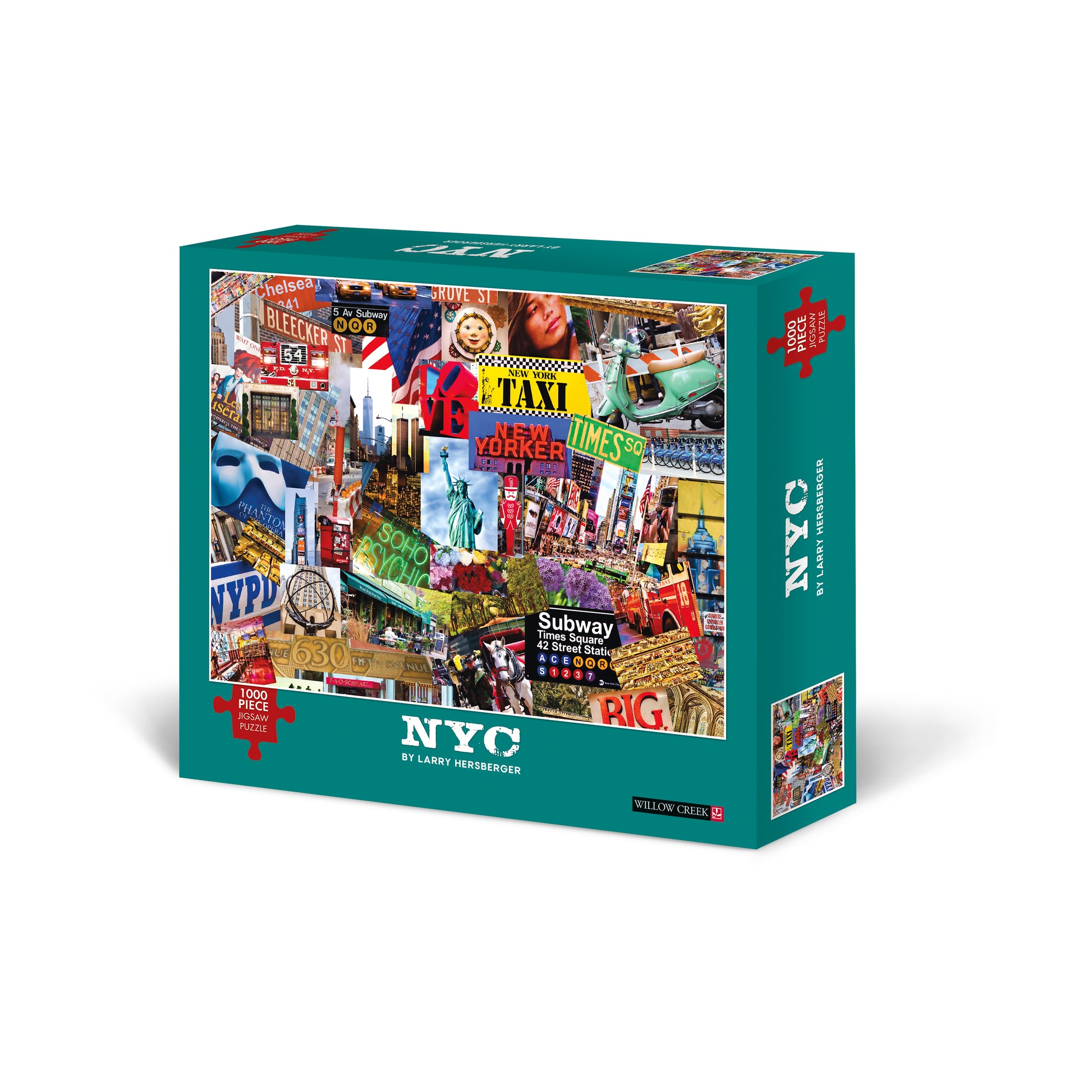 1000-piece jigsaw puzzle box featuring a colorful collage of New York City landmarks, signs, and iconic imagery by Larry Hersberger