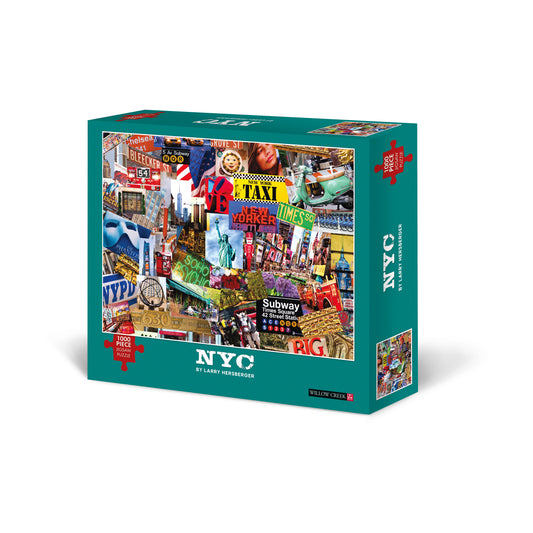 1000-piece jigsaw puzzle box featuring a colorful collage of New York City landmarks, signs, and iconic imagery by Larry Hersberger