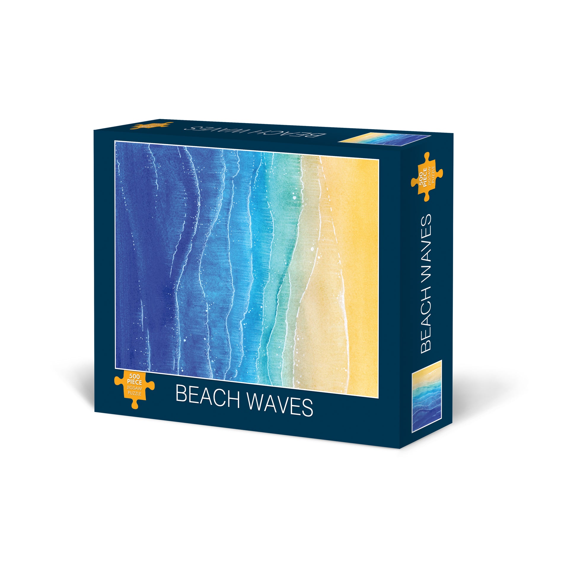 Beach Waves 500-piece jigsaw puzzle box with aerial ocean photograph showing blue waves and sandy beach in gradient colors from deep blue to yellow