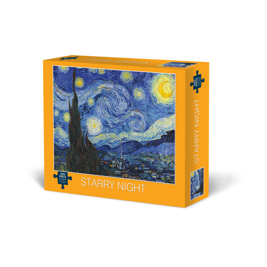 Starry Night 500-piece jigsaw puzzle box with yellow packaging featuring Van Gogh's painting of swirling blue sky, yellow stars, and dark cypress tree over a vi