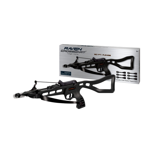 Raven CrossDart Target Game, black crossbow-style dart blaster with safe rubber-tipped darts and packaging shown on white background