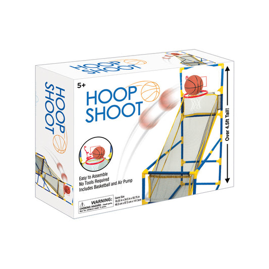 Hoop Shoot Basketball Set packaging showing blue and yellow arcade-style basketball game over 4.5 feet tall with mesh backboard and hoop, includes basketball an