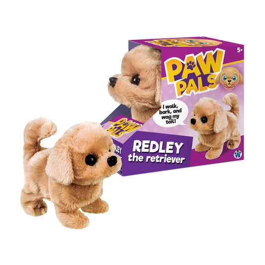 Paw Pals Redley the Retriever plush toy, tan-colored interactive dog with black nose and eyes, shown with its product box on plain background