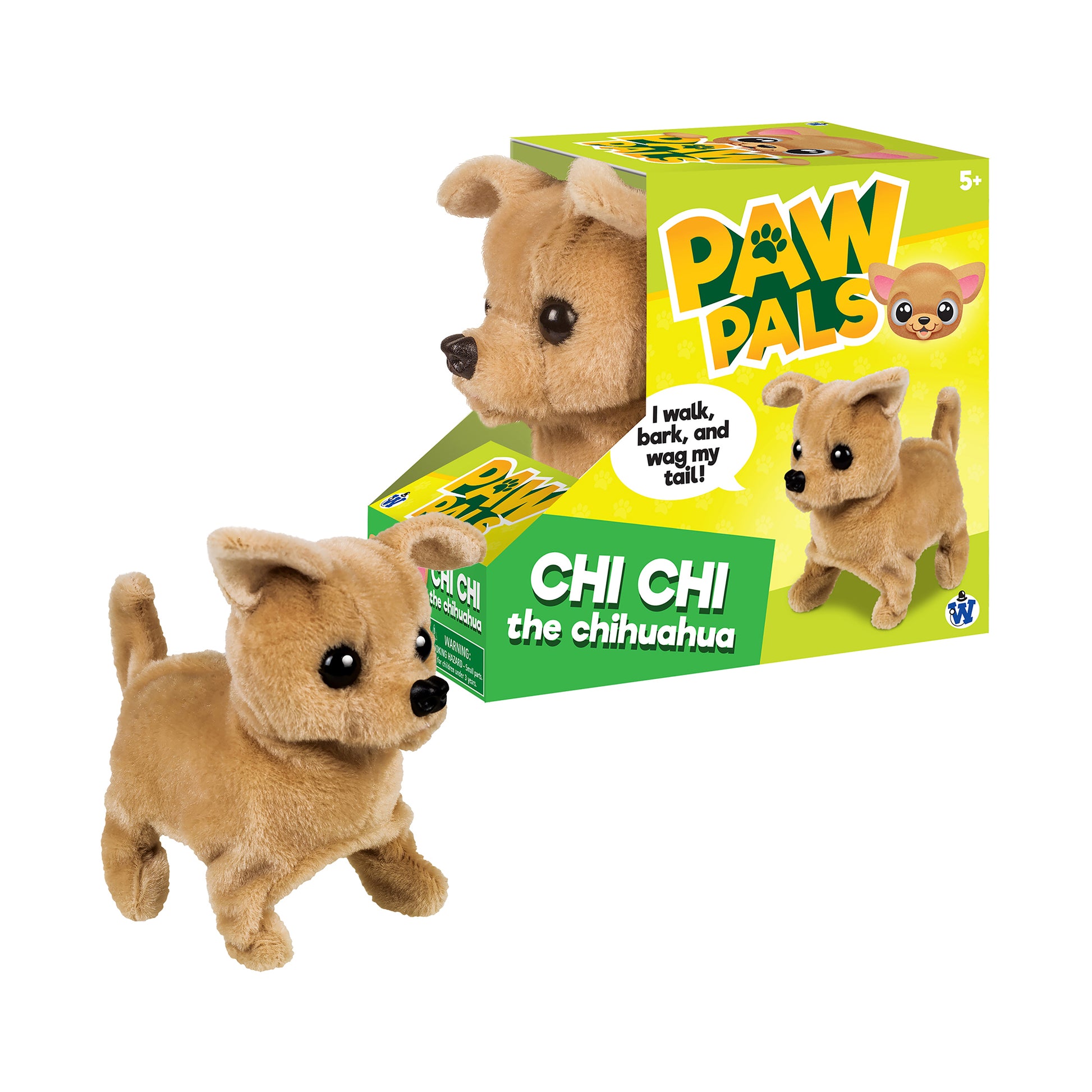 Paw Pals Chi Chi the Chihuahua interactive plush toy with tan fur next to product box featuring yellow and green packaging