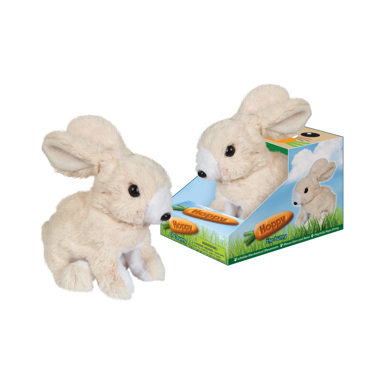 Hoppy the Bunny interactive hopping rabbit plush toy, cream-colored with white paws, shown next to its retail packaging