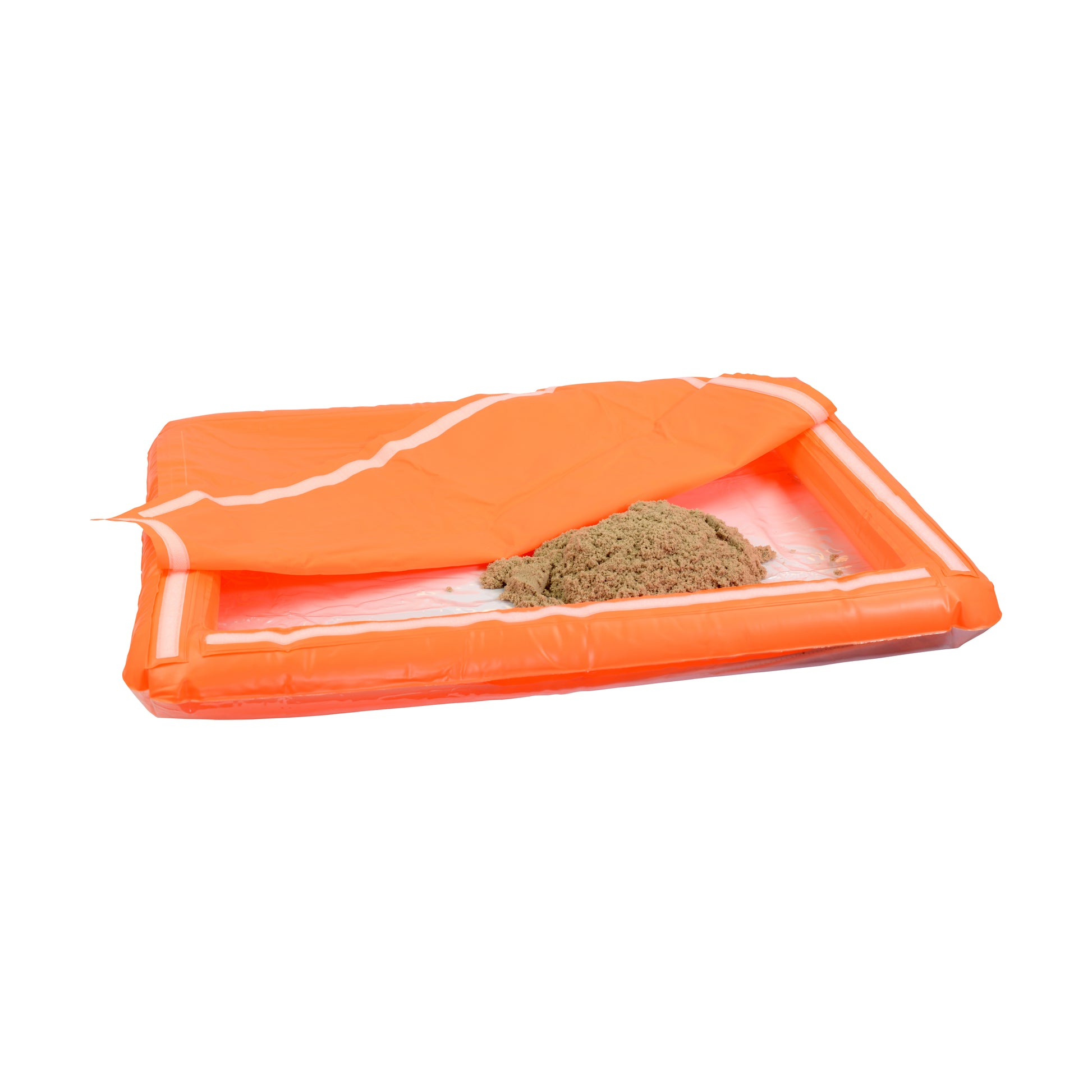 Orange inflatable play tray with kinetic sand pile inside, featuring a clear plastic window and fabric cover