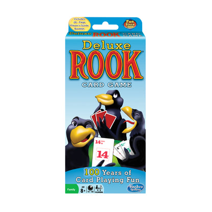 Deluxe Rook Card Game box packaging showing three black ravens with yellow beaks holding playing cards, includes 28-page player's guide booklet, age 8+, 2-4 pla