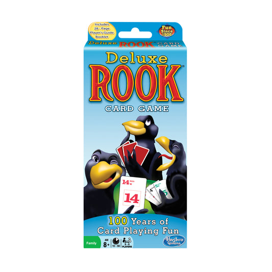 Deluxe Rook Card Game box packaging showing three black ravens with yellow beaks holding playing cards, includes 28-page player's guide booklet, age 8+, 2-4 pla