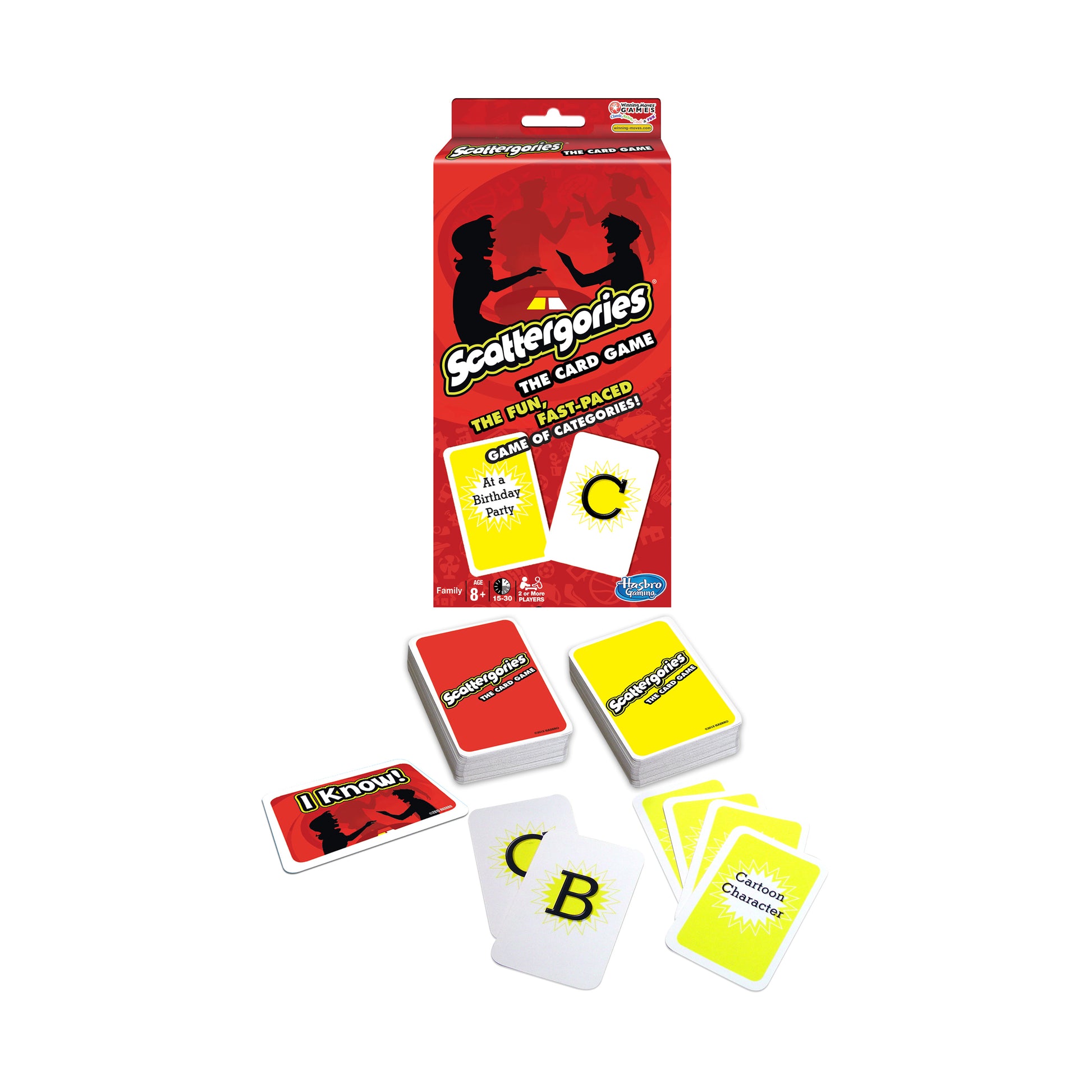 Scattergories Card Game by Hasbro with red and yellow cards displayed