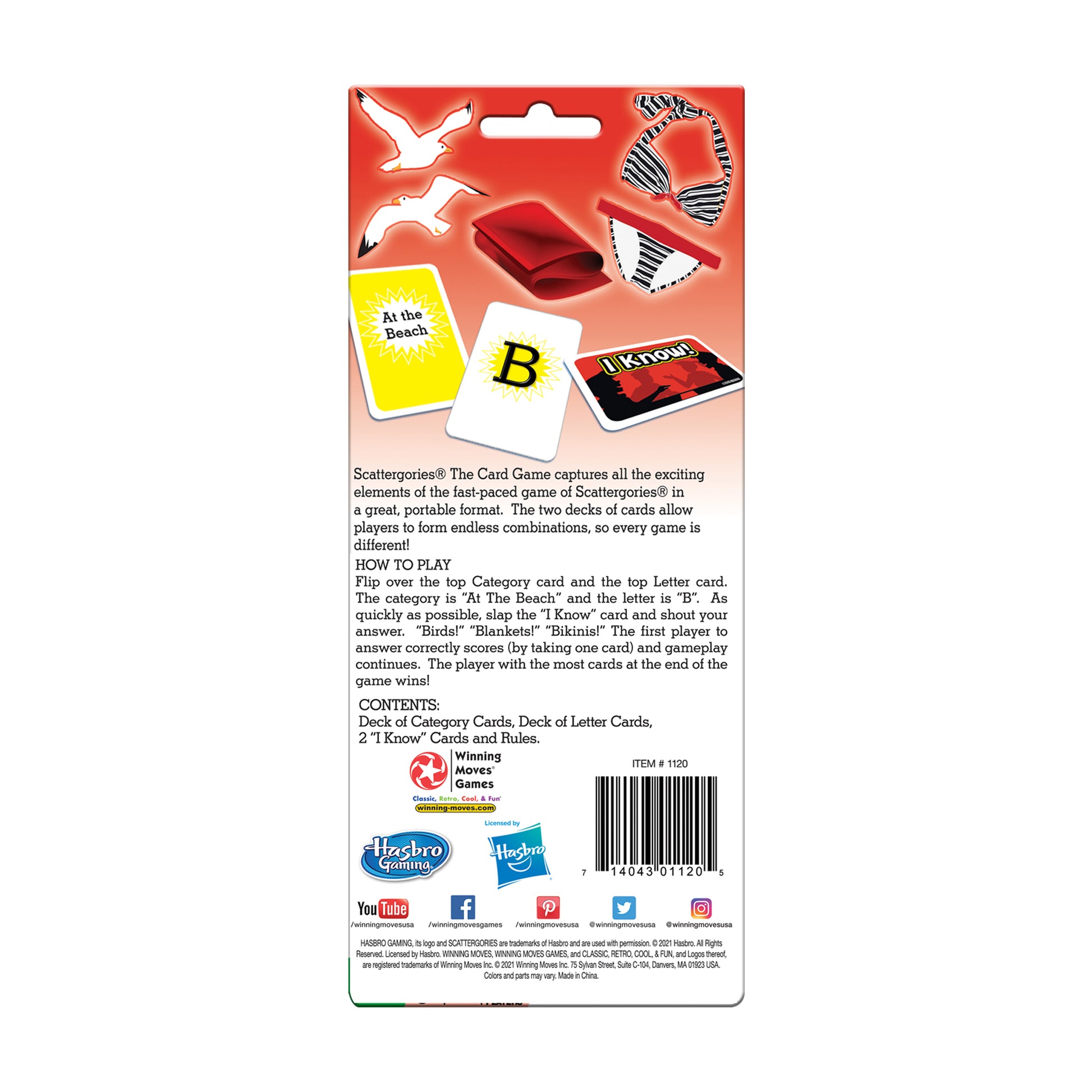 Scattergories Card Game box showing red packaging with game cards and beach-themed category examples