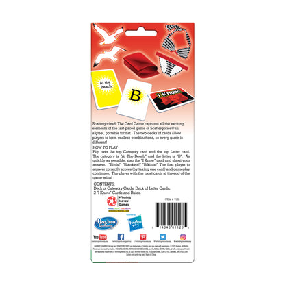 Scattergories Card Game box showing red packaging with game cards and beach-themed category examples