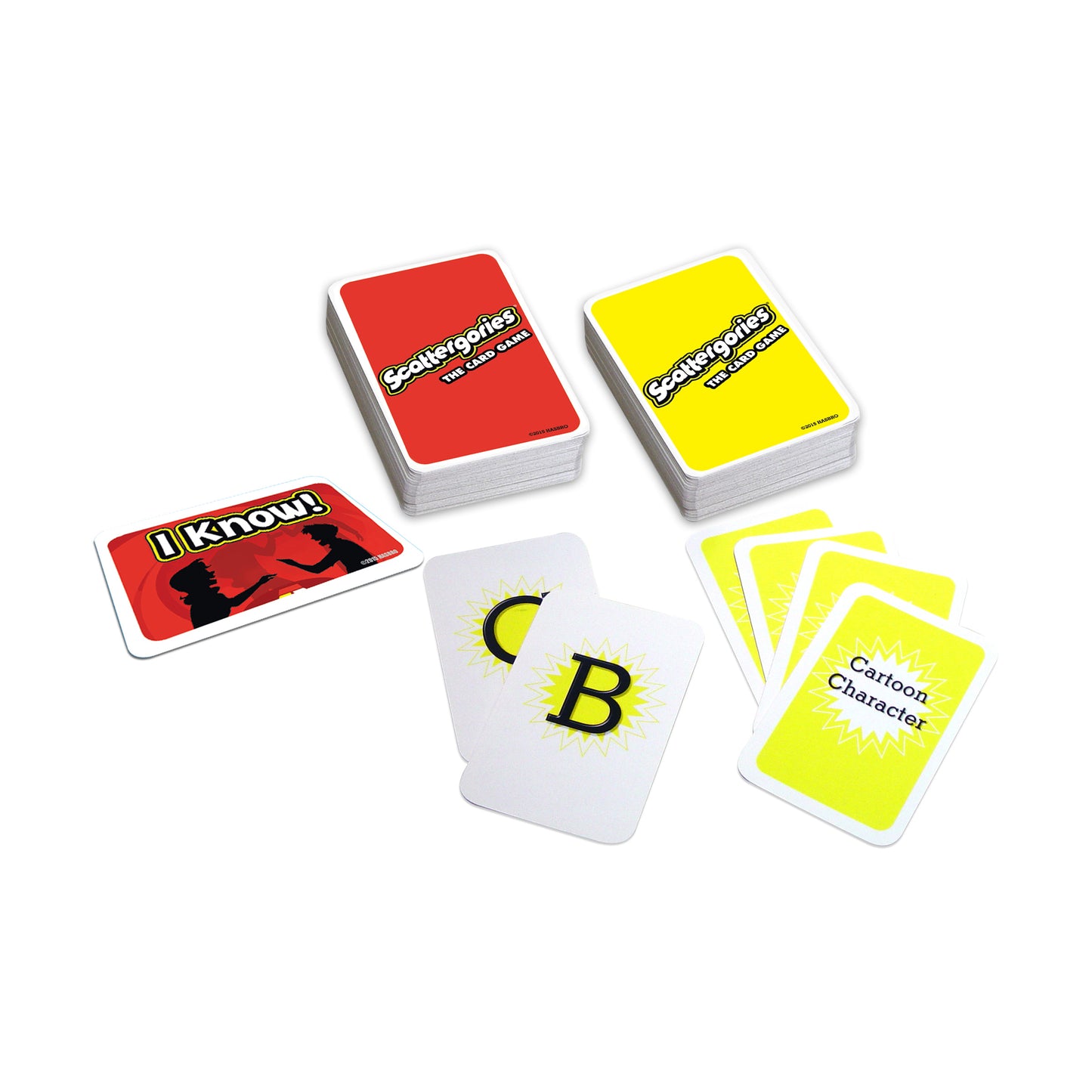 Scattergories card game with red and yellow card decks, character cards, and I Know card displayed