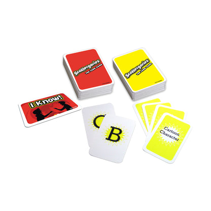 Scattergories card game with red and yellow card decks, character cards, and I Know card displayed