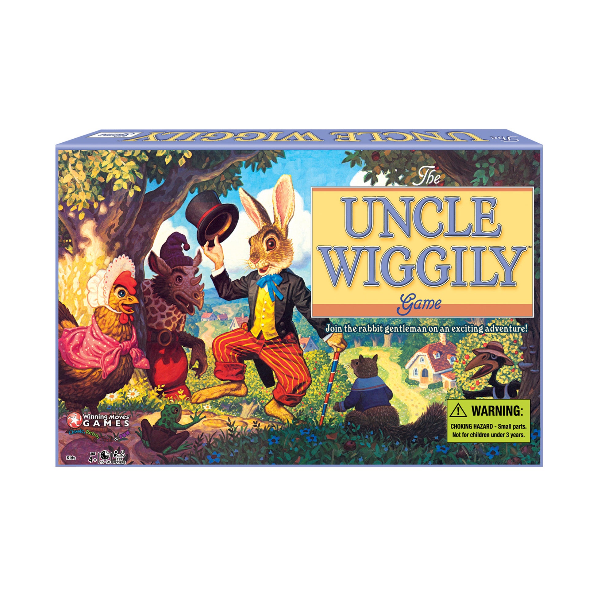 The Uncle Wiggily Game board game box featuring illustrated rabbit gentleman in formal attire with top hat, surrounded by colorful woodland characters including