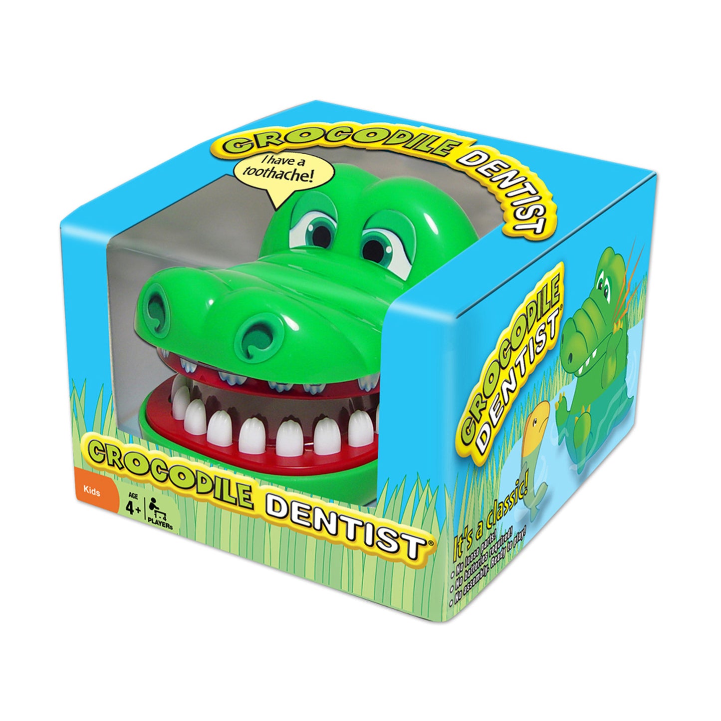 Crocodile Dentist game in packaging showing a bright green crocodile head with red mouth and white teeth, with speech bubble saying 'I have a toothache!'