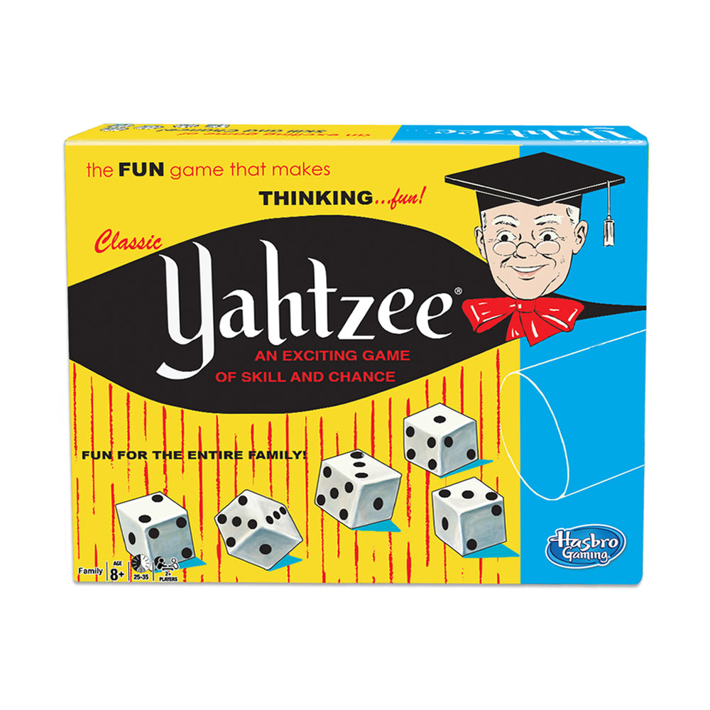 Classic Yahtzee Vintage Dice Game box by Hasbro Gaming, featuring yellow and blue packaging with illustrated character wearing graduation cap and red bow tie, f