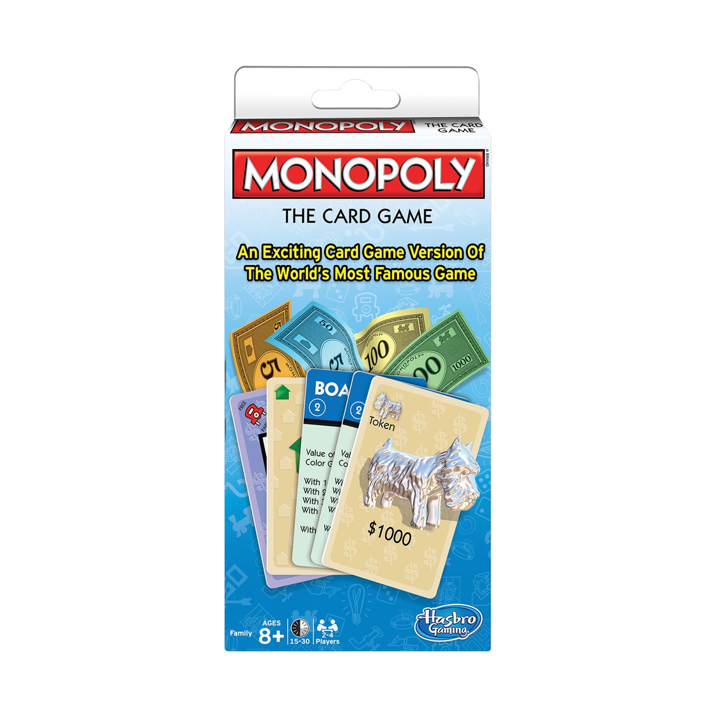 Monopoly The Card Game box by Hasbro Gaming showing game cards with money denominations, property cards, and game tokens, for ages 8+