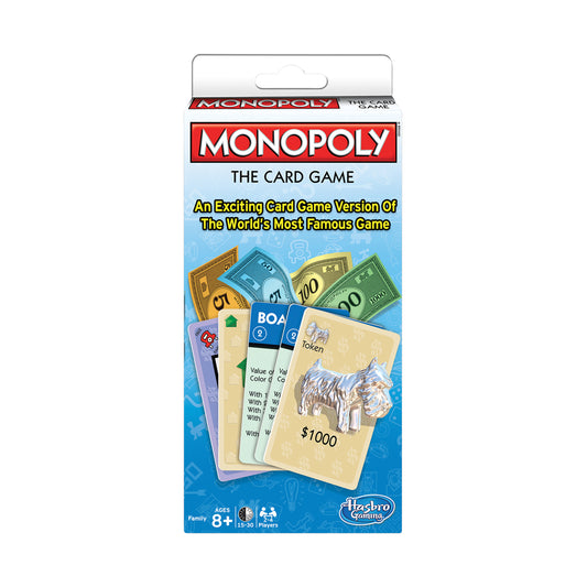 Monopoly The Card Game box by Hasbro Gaming showing game cards with money denominations, property cards, and game tokens, for ages 8+