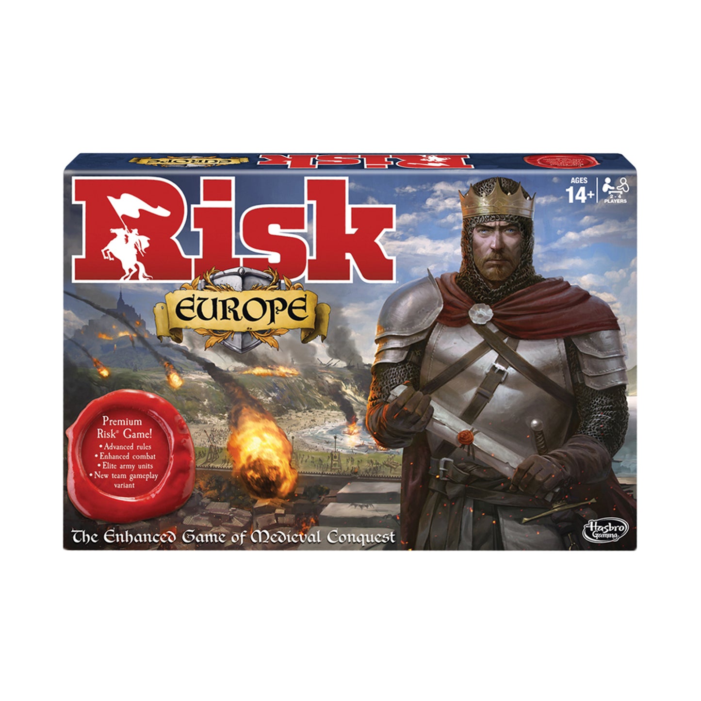 Risk Europe Medieval Conquest board game box featuring a medieval king in armor and crown with castle battlefield scene, ages 14+