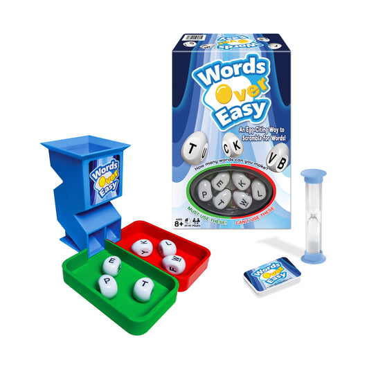 Words Over Easy game set with blue egg-shaped dispenser, letter dice in green, red, and white trays, sand timer, and instruction cards