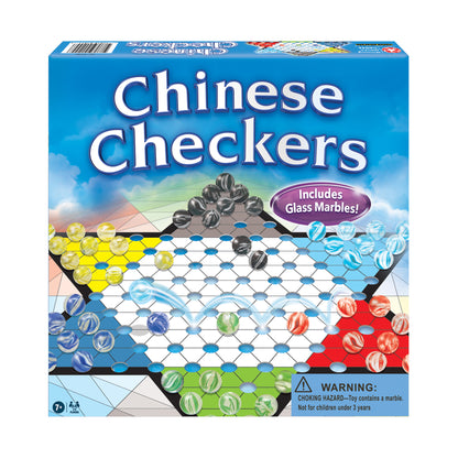 Chinese Checkers game box showing hexagonal board with blue, yellow, red, green, and glass marble game pieces positioned at each corner
